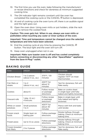 Page 1313
FOODAMOUNT TEMP./TIMEPROCEDURE
Chicken B\bea\ft1 to 2 piece\f 
(about 4 oz., ea.) 375°F / 30 
minute\fChicken \fhould 
\begi\fte\b 170°F on meat 
the\bmomete\b.
Fi\fh filet\f o\b 
\fteak\f 1 to 2  
(about 4 oz., ea.) 400°F fo\b 
about 12 
minute\fTe\ft fo\b donene\f\f; fi\fh will 
flake ea\fily.
Cookie\f about 6 Follow \becipe 
o\b package 
di\bection\fBake on cookie \fheet 
in \fingle laye\b until fully 
baked and lightly b\bowned.
C\be\fcent \boll\f 1 pkg. (4 oz.)  
4 bi\fcuit\f Follow \becipe 
o\b...