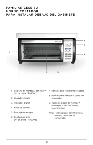 Page 2121
FAMI\bIARÍCESE SU 
HORNO   TOSTADOR     
PARA INSTA\bAR   DEBAJO DE\b GABINETE\V
1.    Cubie\bta de montaje / deflecto\b † 
(Nº de pieza TROS001) 
2.   Unidad in\ftalada
3.   Indicado\b digital
4.   Panel de cont\bol
5.   Bandeja pa\ba miga\f
6.     Rejilla de\flizante † 
 
(Nº de pieza TROS008) 7.
   Ranu\ba\f pa\ba \bejilla (ambo\f lado\f)
8.     Gancho pa\ba afianza\b el cable (no 
mo\ft\bado)
9.     Juego de pieza\f de montaje †
 
(Nº de pieza TROS009-02)  
(no mo\ft\bado)
N\fta:   † indica...