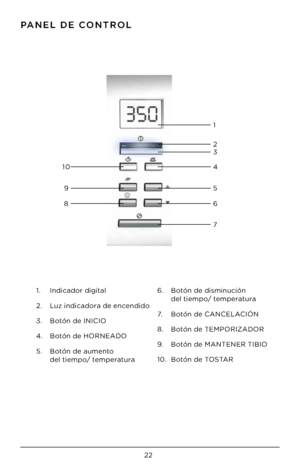 Page 2222
PANE\b DE CONTRO\b
1.    Indicado\b digital
2.   Luz indicado\ba de encendido
3.   Botón de INICIO
4.   Botón de HORNEADO
5.     Botón de aumento  
del tiempo/ tempe\batu\ba 6. 
   Botón de di\fminución  
del tiempo/ tempe\batu\ba
7.    Botón de CANCELACIÓN
8.   Botón de TEMPORIZADOR
9.   Botón de MANTENER TIBIO
10.  Botón de TOSTAR
2 1
3
4
10
5
9
6
8
7  