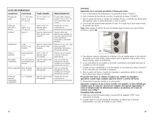 Page 18
TOSTADO
Importante: No es necesario precalentar el horno para tostar.
1. Gire el dial selector de temperatura a la posición de tostar (“TOAST”).
2. Gire el selector de función de cocción a la posición de tostar (“TOAST”).
3. Abra la puerta del horno y coloque las unidades de pan o rosquilla que desea tostar 
directamente sobre la rejilla deslizante y cierre la puerta.
4. Gire el dial del temporizador pasando el valor 10 y luego hacia atrás hasta el tono 
de tostado que desee.
Nota: Debe ajustar el...