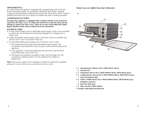 Page 3
43
Product may vary slightly from what is illustrated.
† 1.   Mounting hood / deflector (Part # TROS1500-01 (silver))
  2.  Mounted unit
† 3.   Temperature selector (Part # TROS1500B-02 (black), TROS1500-02 (gray))
† 4.   Cooking function selector (Part # TROS1500B-03 (black), TROS1500-03 (gray))
  5.  Power ON indicator light
† 6.   TOAST / TIMER selector (Part # TROS1500B-04 (black), TROS1500-04 (gray))
  7.  Dropdown crumb tray
  8.  Rack slots (both sides)
† 9.   Slide rack (Part # TROS1500-05)
†...