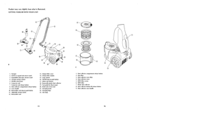 Page 916
15
Product may vary slightly from what is illustrated. 
GETTING FAMILIAR WITH YOUR UNIT1. Sweeper 
2. Switch to expand and retract wand
3. Expandable telescopic chrome wand
4. Vacuum suction control
5. Flexible swivel hose
6. Connector end 
7. Connector end release button
8. Dust collector compartment release button 
9. Carry handle
10. Retractable cord step-on push button
11. Adjustable suction switch 
12. Retractable cord 13. Exhaust filter cover 
14. Exhaust filter (inside)   
15. Large wheels
16....