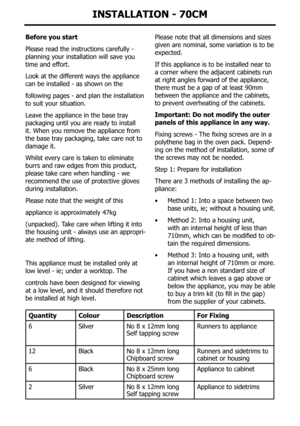Page 38InstallatIon - 70cM
Before you start 
Please read the instructions carefully - 
planning your installation will save you 
time and effort.
look at the different ways the appliance 
can be installed - as shown on the 
following pages - and plan the installation 
to suit your situation.
leave the appliance in the base tray 
packaging until you are ready to install 
it. When you remove the appliance from 
the base tray packaging, take care not to 
damage it.
Whilst every care is taken to eliminate 
burrs...