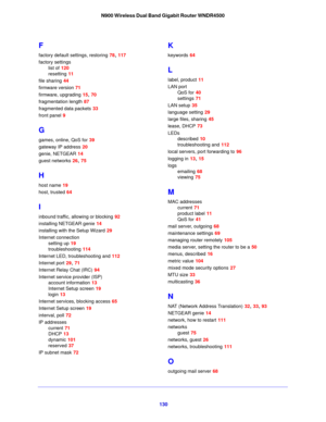 Page 130130
N900 Wireless Dual Band Gigabit Router WNDR4500
F
factory default settings, restoring 78, 117
factory settings list of
 120
resetting
 11
file sharing
 44
firmware version
 71
firmware, upgrading
 15, 70
fragmentation length
 87
fragmented data packets
 33
front panel
 9
G
games, online, QoS for 39
gateway IP address
 20
genie, NETGEAR
 14
guest networks
 26, 75
H
host name 19
host, trusted
 64
I
inbound traffic, allowing or blocking 92
installing NETGEAR genie
 14
installing with the Setup Wizard...