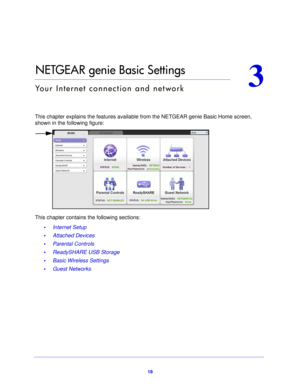 Page 1818
3
3.   NETGEAR genie Basic Settings
Your Internet connection and network
This chapter explains the features available from the NETGEAR genie Basic Home screen, 
shown in the following figure:
This chapter contains the following sections:•Internet Setup 
• Attached Devices 
• Parental Controls 
• ReadySHARE USB Storage 
• Basic Wireless Settings 
• Guest Networks  