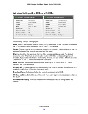 Page 74Administration74
N900 Wireless Dual Band Gigabit Router WNDR4500 
Wireless Settings (2.4 GHz and 5 GHz)
The following settings are displayed:
Name (SSID
). The wirele
 ss network name (SSID) used by the router. The default names for 
the 5 GHz ends in -5G to distinguish it from the 2.4 GHz network.
Region. T he geographic region where the router is being used. It might be illegal to use the 
wireless feature
 s of the router in some parts of the world.
Channel.  Identifies the operating channel of the...