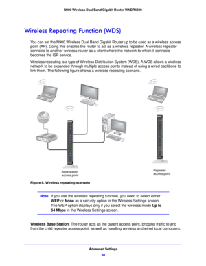 Page 88Advanced Settings88
N900 Wireless Dual Band Gigabit Router WNDR4500 
Wireless Repeating Function (WDS)
You can set the N900 Wireless Dual Band Gigabi
t Router up to be used as a wireless access 
point (AP). Doing this enables the router to act as a wireless repeater. A wireless repeater 
connects to another wireless router as a client where the network to which it connects 
becomes the ISP service.
Wireless repeating is a type of Wireless Distri bution System (WDS). 
 A WDS allows a wireless 
network to...