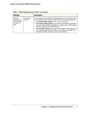 Page 11  Chapter 1:  Configuring Your Internet Connection     | 
   11 Wireless-N 150 Router WNR612v2 User Manual 
This field 
appears only if 
your ISP does 
not require a 
login.Router MAC 
AddressYour computer’s local address is its unique address on your network. This is 
also referred to as the computer’s MAC (Media Access Control) address. 
• Use Default MAC Address. This is the usual setting.
• Use Computer MAC address. If your ISP requires MAC authentication, 
you can use this setting to disguise the...
