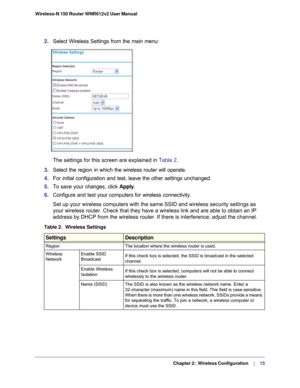 Page 15   Chapter 2:   Wireless Configuration     | 
    15
Wireless-N 150 Router WNR612v2 User Manual 
2. 
Select Wireless Settings from the main menu:
The settings for this screen are explained in Table 2.
3.  Select the region in which the wireless router will operate. 
4.  For initial configuration and test, leave the other settings unchanged. \
5.  To save your changes, click Apply.
6.  Configure and test your computers for wireless connectivity.
Set up your wireless computers with the same SSID and...