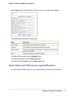 Page 31  Chapter 3:  Protecting Your Network     | 
    31
Wireless-N 150 Router WNR612v2 User Manual 
Select Logs under Content Filtering in the main menu. The Logs screen displays.
The following table describes the log entries.
FieldDescription
Date and time The date and time the log entry was recorded.
Source IP The IP address of the initiating device for this log entry.
Target address The name or IP address of the website or newsgroup visited or to which 
access was attempted.
Action Whether the access was...