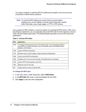 Page 6464   |
   Chapter 6:   Fine-Tuning Your Network   Wireless-N 150 Router WNR612v2 User Manual 
•     You used a program to optimize MTU for performance reasons, and now you \
have 
connectivity or performance problems.
Note:   An incorrect MTU setting can cause Internet communication 
problems such as the inability to access certain Web sites, frames 
within Web sites, secure login pages, or FTP or POP servers.
If you suspect an MTU problem, a common solution is to change the MTU si\
ze to 1400. If you...