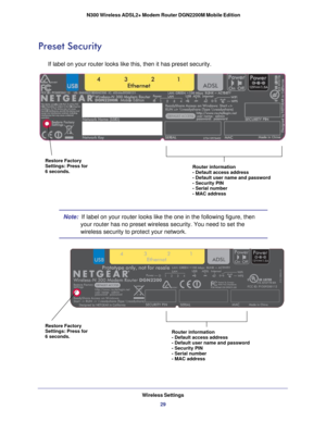 Page 29Wireless Settings29
 N300 Wireless ADSL2+ Modem Router DGN2200M Mobile Edition
Preset Security
If label on your router looks like this, then it has preset security.
Restore Factory
Settings: Press for
6 seconds.
Router information
- Default access address
- Default user name and password
- Security PIN
- Serial number
- MAC address
Note:  
If label on your router looks like the one in the following figure, then\
 
your router has no preset wireless security. You need to set the 
wireless security to...