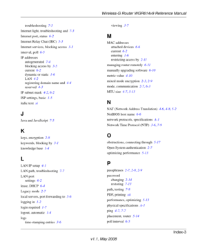 Page 113Wireless-G Router WGR614v9 Reference Manual
Index-3
v1.1, May 2008
troubleshooting 7-5
Internet light, troubleshooting and 7-3
Internet port, status 6-2
Internet Relay Chat (IRC) 5-3
Internet services, blocking access 3-3
interval, poll 6-5
IP addresses
autogenerated 7-4
blocking access by 3-5
current 6-2
dynamic or static 1-6
LAN 4-2
registering domain name and 4-4
reserved 4-3
IP subnet mask 4-2, 6-2
ISP settings, basic 1-5
italic text xi
J
Java and JavaScript 7-5
K
keys, encryption 2-8
keywords,...