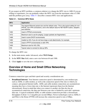 Page 78Wireless-G Router WGR614v9 Reference Manual
5-16 Fine-Tuning Your Network
v1.1, May 2008
If you suspect an MTU problem, a common solution is to change the MTU size to 1400. If you are 
willing to experiment, you can gradually reduce the MTU size from the maximum value of 1500 
until the problem goes away. Ta b l e 5 - 1 describes common MTU sizes and applications.
To change the MTU size:
1.In the main menu, under Advanced, select WA N  S e t u p. 
2.In the MTU Size field, enter a new size between 64 and...