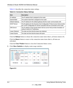 Page 84Wireless-G Router WGR614v9 Reference Manual
6-4 Using Network Monitoring Tools
v1.1, May 2008
Ta b l e 6 - 2 describes the connection status settings.
Click the Release button to release the connection status items (that is, all items return to 0).
Click the Renew button to renew to the connection status items (that is, all items are 
refreshed).
Click the Close Window button to close the Connection Status screen.
3.Click Show Statistics to display router usage statistics.
Table 6-2. Connection Status...