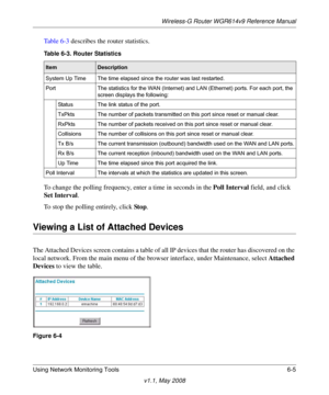 Page 85Wireless-G Router WGR614v9 Reference Manual
Using Network Monitoring Tools 6-5
v1.1, May 2008
Ta b l e 6 - 3 describes the router statistics.
To change the polling frequency, enter a time in seconds in the Poll Interval field, and click 
Set Interval.
To stop the polling entirely, click Sto p.
Viewing a List of Attached Devices
The Attached Devices screen contains a table of all IP devices that the router has discovered on the 
local network. From the main menu of the browser interface, under...