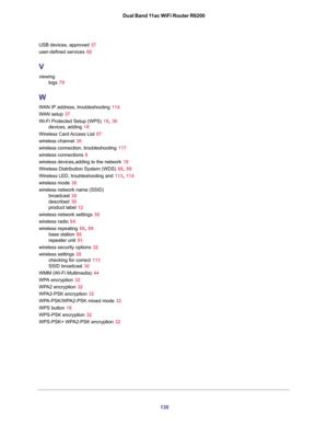 Page 130130 Dual Band 11ac WiFi Router R6200
USB devices, approved 57
user-defined services 69
V
viewing
logs 79
W
WAN IP address, troubleshooting 114
WAN setup 37
Wi-Fi Protected Setup (WPS) 18, 36
devices, adding 18
Wireless Card Access List 87
wireless channel 30
wireless connection, troubleshooting 117
wireless connections 8
wireless devices,adding to the network 18
Wireless Distribution System (WDS) 88, 89
Wireless LED, troubleshooting and 113, 114
wireless mode 30
wireless network name (SSID)
broadcast 30...