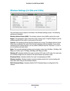 Page 78Administration78
Dual Band 11ac WiFi Router R6200 
Wireless Settings (2.4 GHz and 5 GHz)
The information here is based on the fields in the Wireless Settings scr\
een. The following 
settings are displayed:
Wireless Network Name (SSID ). 
 The wireless network name (SSID) used by the router. 
Region . 
The geographic region where the router is being used. It might be illega\
l to use the 
wireless features of the router in some parts of the world.
Channel. 
The operating channel that the wireless port is...