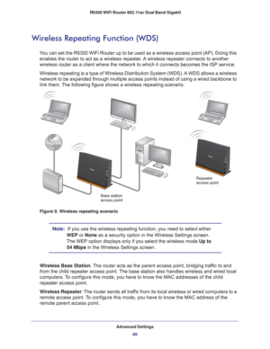 Page 85Advanced Settings85
 R6300 WiFi Router 802.11ac Dual Band Gigabit
Wireless Repeating Function (WDS)
You can set the R6300 WiFi Router up to be used as a wireless access poin\
t (AP). Doing this 
enables the router to act as a wireless repeater. A wireless repeater connects to another 
wireless router as a client where the network to which it connects becom\
es the ISP service.
Wireless repeating is a type of Wireless Distribution System (WDS). A WDS allows a wireless 
network to be expanded through...