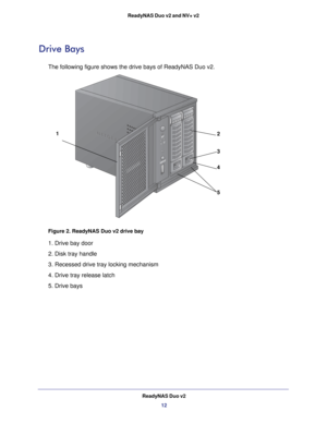 Page 12ReadyNAS Duo v212
ReadyNAS Duo v2 and NV+ v2 
Drive Bays
The following figure shows the drive bays of ReadyNAS Duo v2.
12
3
4
5
Figure 2. ReadyNAS Duo v2 drive bay
1. Drive bay door
2. Disk tray handle
3. Recessed drive tray locking mechanism
4. Drive tray release latch
5. Drive bays 