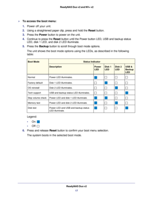 Page 17ReadyNAS Duo v217
 ReadyNAS Duo v2 and NV+ v2
To access the boot menu:
1. 
Power off your unit.
2.  Using a straightened paper clip, press and hold the  Reset button.
3.  Press the  Power button to power on the unit.
4.  Continue to press the  Reset button until the Power button LED, USB and backup status 
LED, disk 1 LED, and disk 2 LED illuminate.
5.  Press the  Backup button to scroll through boot mode options. 
The unit shows the boot mode options using the LEDs, as described in the\
 following...