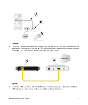 Page 17Manually Installing Your Router13
5.Locate the Ethernet cable that came with your NETGEAR product. Securely insert one end of 
the Ethernet cable into your modem (C) and the other end into the Internet port of the wireless 
router (D). (The cable and the Internet port label are color coded.)
6.Locate the cable (A) that is still attached to your computer (see step 4). Securely insert that 
cable into a port on the router, such as port 1 (E), as shown in Figure 8.
Figure 6
 
Figure 7
A
B
CD 