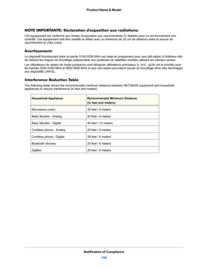 Page 116Product Name & Model
Notification of Compliance11 6
NOTE IMPORTANTE: Déclaration dexposition aux radiations:
Cet équipement est conforme aux limites dexposition aux  rayonnements IC établies pour un environnement non 
contrôlé. Cet équipement doit être installé et utilisé av ec un minimum de 20 cm de distance entre la source de 
rayonnement et votre corps.
Avertissement:
Le dispositif fonctionnant dans la bande 5150-5250 MHz est ré servé uniquement pour une utili-sation à lintérieur afin 
de réduire les...