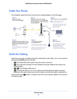 Page 15Hardware Setup15
 N600 Wireless Dual Band Router WNDR3400v2
Cable Your Router
The installation guide that came in the 
box has a cabling diagram on the first page. 
Ve r i f y  t h e  C a b l i n g
Verify that your router is cabled correctly by  checking the router LEDs. Turn on the router by 
pressing the  On/Off button on the back.
•     
 The Power/Test LED is green when the router is turned on.
•     
 The LAN ports are green for each Windows computer cabled to the router by an 
Ethernet cable.
•...