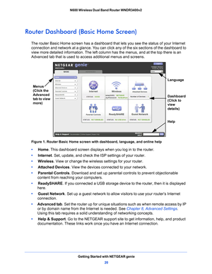 Page 20Getting Started with NETGEAR genie20
N600 Wireless Dual Band Router WNDR3400v2 
Router Dashboard (Basic Home Screen)
The router Basic Home screen has a dashboard that
 lets you see the status of your Internet 
connection and network at a glance. You can click any of the six sections of the dashboard to 
view more detailed information. The left column has the menus, and at the top there is an 
Advanced tab that is used to access additional menus and screens.
Language
Help 
Dashboard 
(Click to 
view...