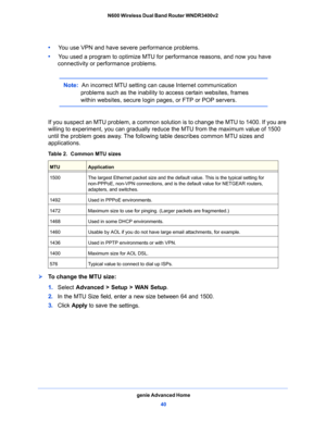 Page 40genie Advanced Home40
N600 Wireless Dual Band Router WNDR3400v2 
•     
You use VPN and have severe performance problems.
•      Y
ou used a program to optimize MTU fo r performance reasons, and now you have 
connectivity or performance problems.
Note:  An incorrect MTU setting can cause Internet communication 
problems such as the inability to  access certain websites, frames 
within websites, secure login pages, or FTP or POP servers.
If you suspect an MTU problem, a common solution is to change the...