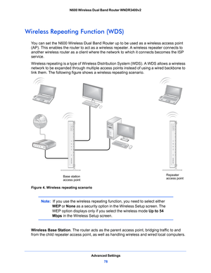 Page 78Advanced Settings78
N600 Wireless Dual Band Router WNDR3400v2 
Wireless Repeating Function (WDS)
You can set the N600 Wireless Dual Band Rout
er up to be used as a wireless access point 
(AP). This enables the router to act as a wireless repeater. A wireless repeater connects to 
another wireless router as a client where the network to which it connects becomes the ISP 
service.
Wireless repeating is a type of Wireless Distri butio
 n System (WDS). A WDS allows a wireless 
network to be expanded through...