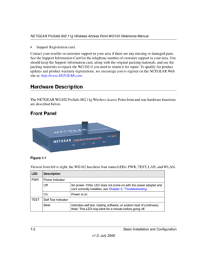 Page 18NETGEAR ProSafe 802.11g Wireless Access Point WG102 Reference Manual
1-2 Basic Installation and Configuration
v1.0, July 2008
• Support Registration card.
Contact your reseller or customer support in your area if there are any missing or damaged parts. 
See the Support Information Card for the telephone number of customer support in your area. You 
should keep the Support Information card, along with the original packing materials, and use the 
packing materials to repack the WG102 if you need to return...