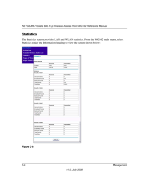 Page 46NETGEAR ProSafe 802.11g Wireless Access Point WG102 Reference Manual
3-4Management
v1.0, July 2008
Statistics
The Statistics screen provides LAN and WLAN statistics. From the WG102 main menu, select 
Statistics under the Information heading to view the screen shown below:
Figure 3-8 