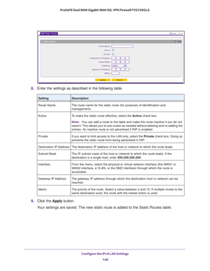 Page 147Configure the IPv4 LAN Settings 
146 ProSAFE Dual WAN Gigabit WAN SSL VPN Firewall FVS336Gv2 
8. Enter the settings as described in the following table. 
9. Click the Apply button.
Your settings are saved. The new static route is added to the Static Routes table.
SettingDescription
Route Name The route name for the static route (for purposes of identification and 
management).
Active To make the static route effective, select the Active check box.
Note:You can add a route to the table and make the route...