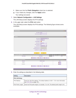 Page 162Configure the IPv6 LAN Settings 
161  ProSAFE Dual WAN Gigabit WAN SSL VPN Firewall FVS336Gv2
f. Make sure that the Prefix Delegation check box is selected.
g. If you made any changes, click the Apply button.
Your settings are saved.
7. Select Network Configuration > LAN Settings.
The LAN Setup screen displays the IPv4 settings.
8. In the upper right, select the IPv6 radio button. 
The LAN Setup screen displays the IPv6 settings. The following figure shows some 
examples.
9. Enter the settings as...