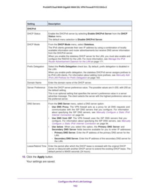 Page 163Configure the IPv6 LAN Settings 
162 ProSAFE Dual WAN Gigabit WAN SSL VPN Firewall FVS336Gv2 
10. Click the Apply button.
Your settings are saved.
DHCPv6
DHCP Status Enable the DHCPv6 server by selecting Enable DHCPv6 Server from the DHCP 
Status menu.
The default menu selection is Disable DHCPv6 Server. 
DHCP Mode From the DHCP Mode menu, select Stateless. 
The IPv6 clients generate their own IP address by using a combination of locally 
available information and router advertisements but receive DNS...