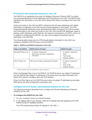 Page 173Configure the IPv6 LAN Settings 
172 ProSAFE Dual WAN Gigabit WAN SSL VPN Firewall FVS336Gv2 
IPv6 Router Advertisement Daemon for the LAN
The RADVD is an application that uses the Neighbor Discovery Protocol (NDP) to collect 
link-local advertisements of IPv6 addresses and IPv6 prefixes in the LAN. The RADVD then 
distributes this information in the LAN, which allows IPv6 clients to configure their own IPv6 
address. 
Hosts and routers in the LAN use NDP to determine the link-layer addresses and related...