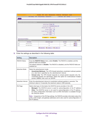 Page 175Configure the IPv6 LAN Settings 
174 ProSAFE Dual WAN Gigabit WAN SSL VPN Firewall FVS336Gv2 
9. Enter the settings as described in the following table.
SettingDescription
RADVD Status From the RADVD Status menu, select Enable. The RADVD is enabled, and the 
RADVD fields are available.
The default selection is Disable. The RADVD is disabled, and the RADVD fields are 
masked out.
Advertise Mode Select the advertisement mode:
• Unsolicited Multicast. The VPN firewall advertises unsolicited multicast...