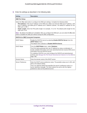 Page 188Configure the IPv6 LAN Settings 
187  ProSAFE Dual WAN Gigabit WAN SSL VPN Firewall FVS336Gv2
8. Enter the settings as described in the following table. 
SettingDescription
DMZ Port Setup
Select the Ye s radio button to configure the DMZ port settings. Complete the following fields:
• IPv6 Address. Enter the IP address of the DMZ port. Make sure that the DMZ port IP address, LAN 
port IP address, and WAN port IP address are in different subnets. The default IP address for the 
DMZ port is fdff::1. 
•...