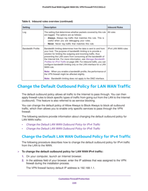 Page 221Customize Firewall Protection 
220 ProSAFE Dual WAN Gigabit WAN SSL VPN Firewall FVS336Gv2 
Change the Default Outbound Policy for LAN WAN Traffic
The default outbound policy allows all traffic to the Internet to pass through. You can then 
apply firewall rules to block specific types of traffic from going out from the LAN to the Internet 
(outbound). This feature is also referred to as service blocking. 
You can change the default policy of Allow Always to Block Always to block all outbound 
traffic,...