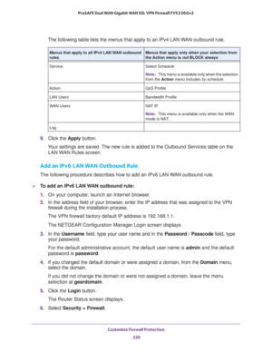 Page 227Customize Firewall Protection 
226 ProSAFE Dual WAN Gigabit WAN SSL VPN Firewall FVS336Gv2 
The following table lists the menus that apply to an IPv4 LAN WAN outbound rule.
9. Click the Apply button.
Your settings are saved. The new rule is added to the Outbound Services table on the 
LAN WAN Rules screen.
Add an IPv6 LAN WAN Outbound Rule
The following procedure describes how to add an IPv6 LAN WAN outbound rule.
To add an IPv6 LAN WAN outbound rule: 
1. On your computer, launch an Internet browser.
2....