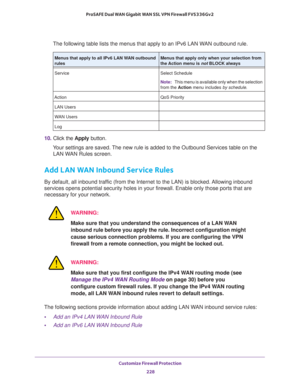 Page 229Customize Firewall Protection 
228 ProSAFE Dual WAN Gigabit WAN SSL VPN Firewall FVS336Gv2 
The following table lists the menus that apply to an IPv6 LAN WAN outbound rule.
10. Click the Apply button.
Your settings are saved. The new rule is added to the Outbound Services table on the 
LAN WAN Rules screen.
Add LAN WAN Inbound Service Rules
By default, all inbound traffic (from the Internet to the LAN) is blocked. Allowing inbound 
services opens potential security holes in your firewall. Enable only...