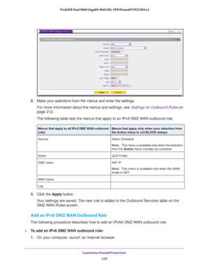 Page 236Customize Firewall Protection 
235  ProSAFE Dual WAN Gigabit WAN SSL VPN Firewall FVS336Gv2
8. Make your selections from the menus and enter the settings.
For more information about the menus and settings, see Settings for Outbound Rules on 
page 212. 
The following table lists the menus that apply to an IPv4 DMZ WAN outbound rule.
9. Click the Apply button.
Your settings are saved. The new rule is added to the Outbound Services table on the 
DMZ WAN Rules screen.
Add an IPv6 DMZ WAN Outbound Rule
The...