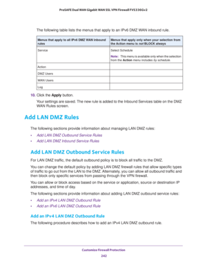 Page 243Customize Firewall Protection 
242 ProSAFE Dual WAN Gigabit WAN SSL VPN Firewall FVS336Gv2 
The following table lists the menus that apply to an IPv6 DMZ WAN inbound rule.
10. Click the Apply button.
Your settings are saved. The new rule is added to the Inbound Services table on the DMZ 
WAN Rules screen.
Add LAN DMZ Rules
The following sections provide information about managing LAN DMZ rules:
•Add LAN DMZ Outbound Service Rules
•Add LAN DMZ Inbound Service Rules
Add LAN DMZ Outbound Service Rules
For...