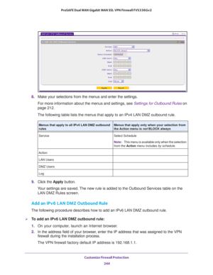 Page 245Customize Firewall Protection 
244 ProSAFE Dual WAN Gigabit WAN SSL VPN Firewall FVS336Gv2 
8. Make your selections from the menus and enter the settings.
For more information about the menus and settings, see Settings for Outbound Rules on 
page 212. 
The following table lists the menus that apply to an IPv4 LAN DMZ outbound rule.
9. Click the Apply button.
Your settings are saved. The new rule is added to the Outbound Services table on the 
LAN DMZ Rules screen.
Add an IPv6 LAN DMZ Outbound Rule
The...