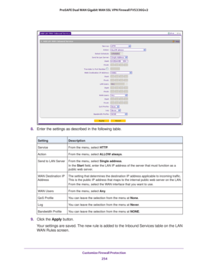 Page 255Customize Firewall Protection 
254 ProSAFE Dual WAN Gigabit WAN SSL VPN Firewall FVS336Gv2 
8. Enter the settings as described in the following table.
9. Click the Apply button.
Your settings are saved. The new rule is added to the Inbound Services table on the LAN 
WAN Rules screen.
SettingDescription
Service From the menu, select HTTP.
Action From the menu, select ALLOW always.
Send to LAN Server From the menu, select Single address. 
In the Start field, enter the LAN IP address of the server that must...