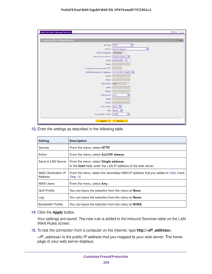 Page 260Customize Firewall Protection 
259  ProSAFE Dual WAN Gigabit WAN SSL VPN Firewall FVS336Gv2
13. Enter the settings as described in the following table.
14. Click the Apply button.
Your settings are saved. The new rule is added to the Inbound Services table on the LAN 
WAN Rules screen.
15. To test the connection from a computer on the Internet, type http://.
 is the public IP address that you mapped to your web server. The home 
page of your web server displays.
SettingDescription
Service From the menu,...