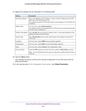 Page 361Set Up Virtual Private Networking With IPSec Connections 
359  ProSAFE Dual WAN Gigabit WAN SSL VPN Firewall FVS336Gv2
11. Specify the settings that are described in the following table.
12. Click the Save button. 
Your settings are saved. Continue the manual configuration of the VPN client with the 
global parameters.
13. In the tree list pane of the Configuration Panel screen, click Global Parameters.
SettingDescription
VPN Client address Either enter 0.0.0.0 as the IP address, or enter a virtual IP...