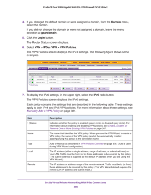 Page 382Set Up Virtual Private Networking With IPSec Connections 
380 ProSAFE Dual WAN Gigabit WAN SSL VPN Firewall FVS336Gv2 
4. If you changed the default domain or were assigned a domain, from the Domain menu, 
select the domain.
If you did not change the domain or were not assigned a domain, leave the menu 
selection at geardomain.
5. Click the Login button.
The Router Status screen displays.
6. Select VPN > IPSec VPN > VPN Policies.
The VPN Policies screen displays the IPv4 settings. The following figure...