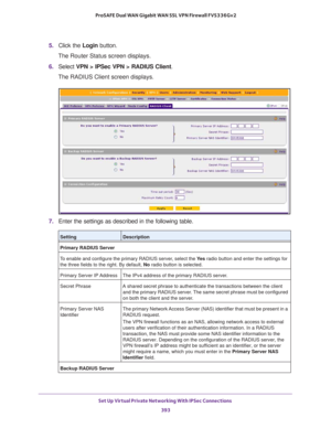 Page 395Set Up Virtual Private Networking With IPSec Connections 
393  ProSAFE Dual WAN Gigabit WAN SSL VPN Firewall FVS336Gv2
5. Click the Login button.
The Router Status screen displays.
6. Select VPN > IPSec VPN > RADIUS Client.
The RADIUS Client screen displays.
7. Enter the settings as described in the following table.
SettingDescription
Primary RADIUS Server
To enable and configure the primary RADIUS server, select the Ye s radio button and enter the settings for 
the three fields to the right. By default,...